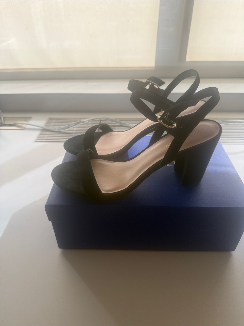 Stuart Weitzman Black Suede Block Heel Sandals with Gold Buckle